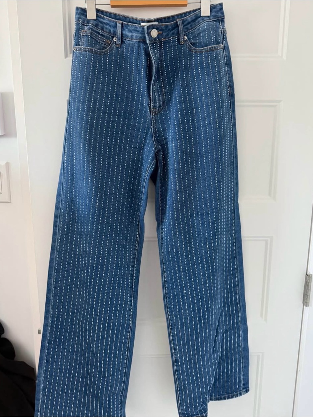 Woman’s Blue Pinstripe Straight-Leg Jeans